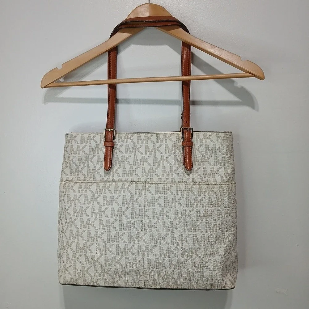 Michael Kors Bedford Tote White Monogram Canvas Leather Straps